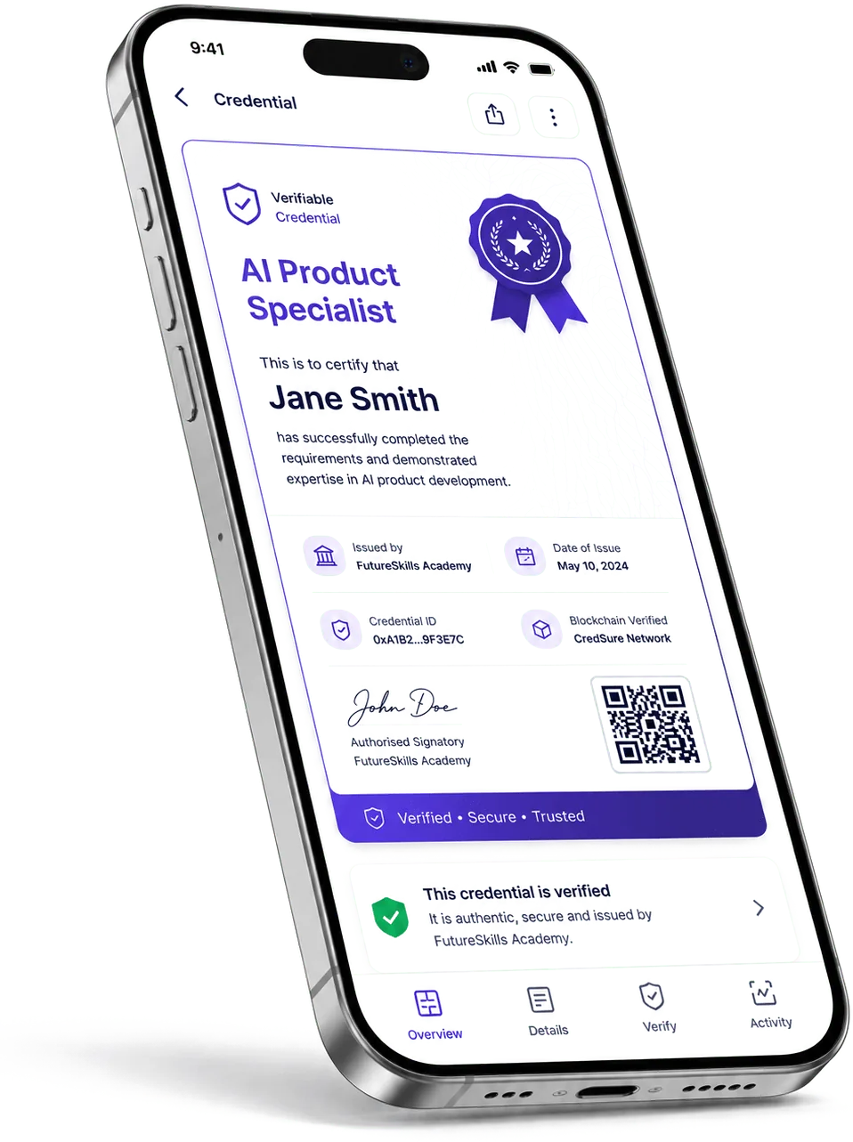 Member portal credential rendered on phone with verifiable badge