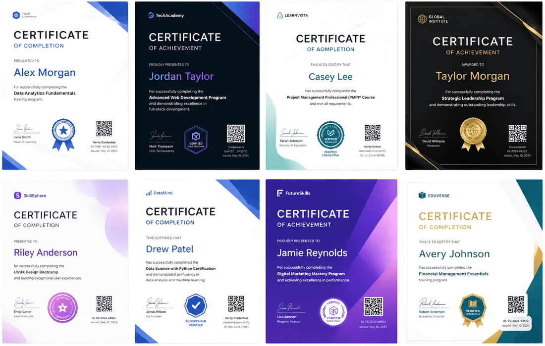 Library of branded certificate templates including diplomas, badges and licences